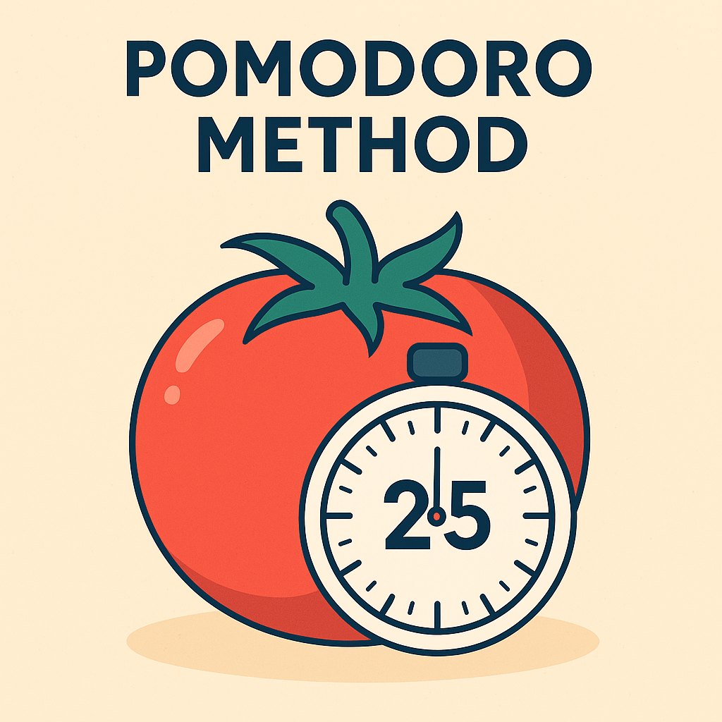 Illustration of the Pomodoro Method with a tomato and a 25-minute timer.